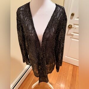 Chico's Fancy Asymmetrical Black and Gold Floral Mesh Overlay Open Top/ Cardigan
